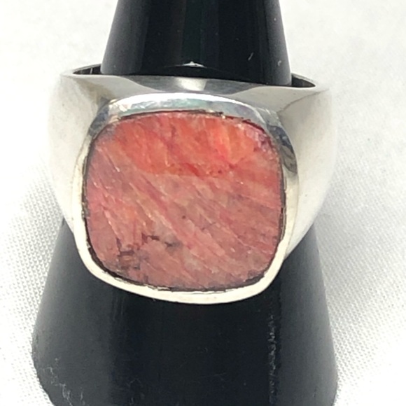 Rhodochrosite Signet Ring Cushion Pink 925 Silver Square Semi Precious Sz 8.25 - Picture 6 of 16
